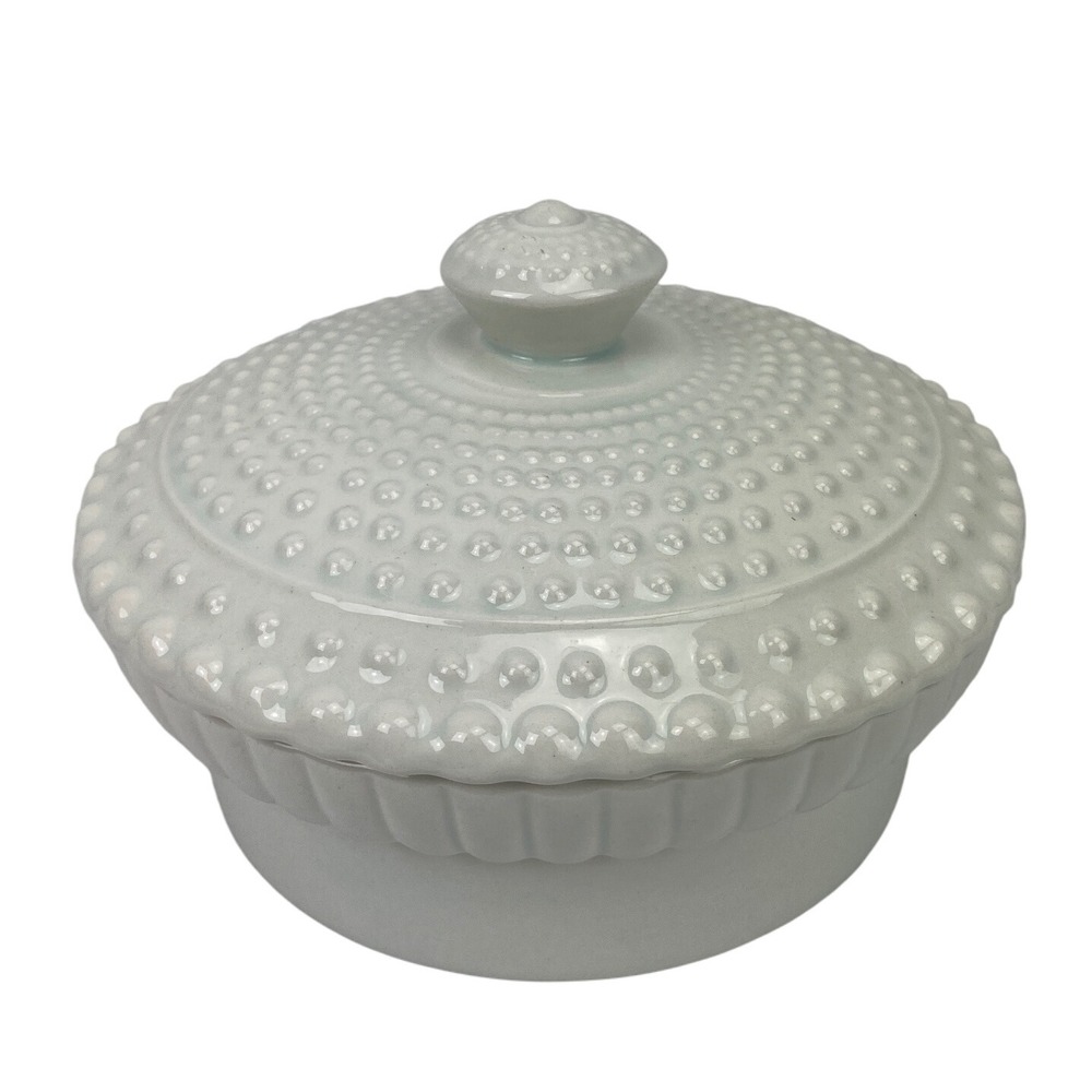 Vtg Nasco USA Hobnail Candy Dish Trinket Box with Lid Pearl White Ceramic‎ Decor